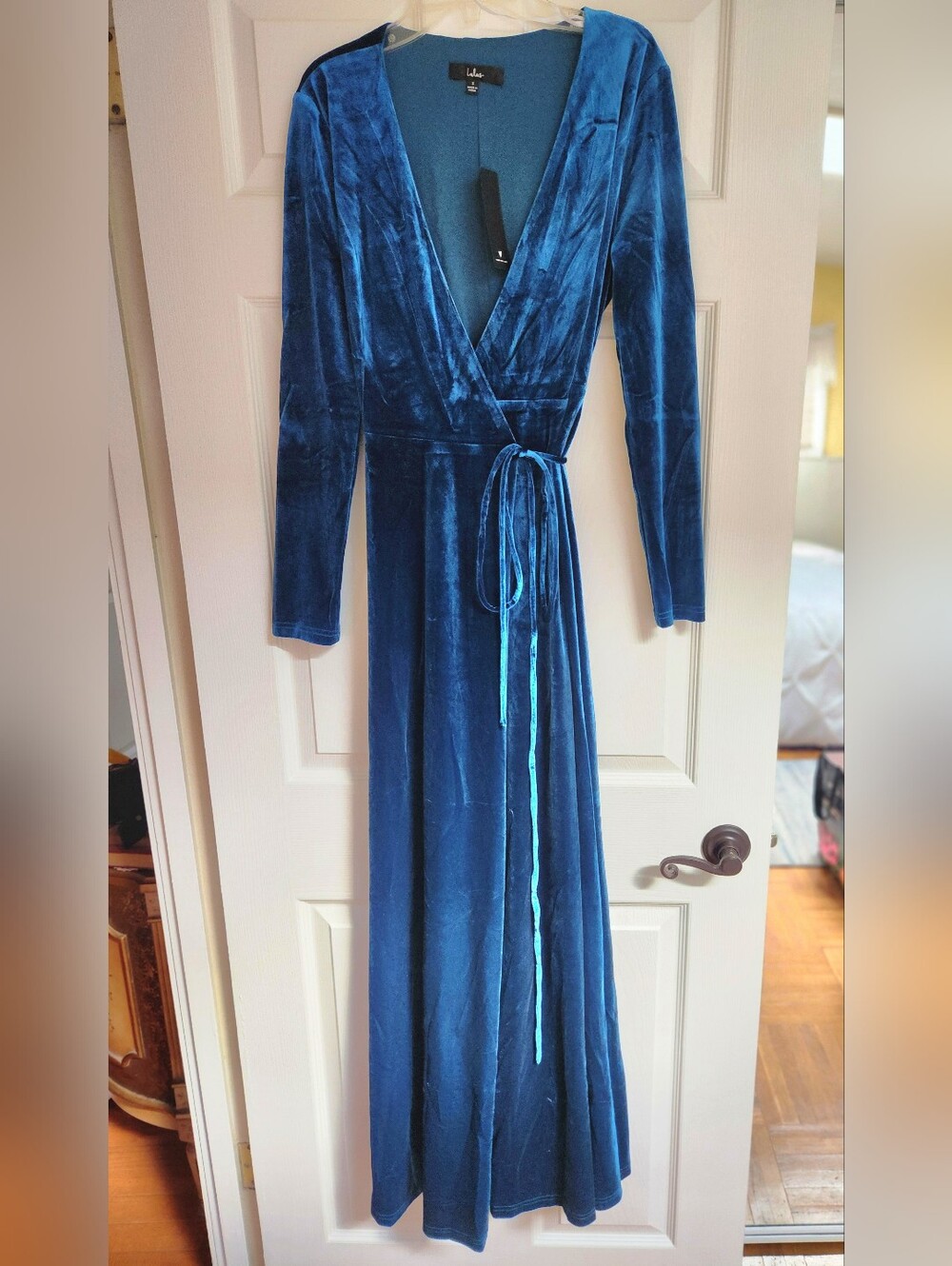 Nwt Lulus Teal Blue Velvet Wrap Maxi Dress With Long Sleeves - Picture 2 of 8